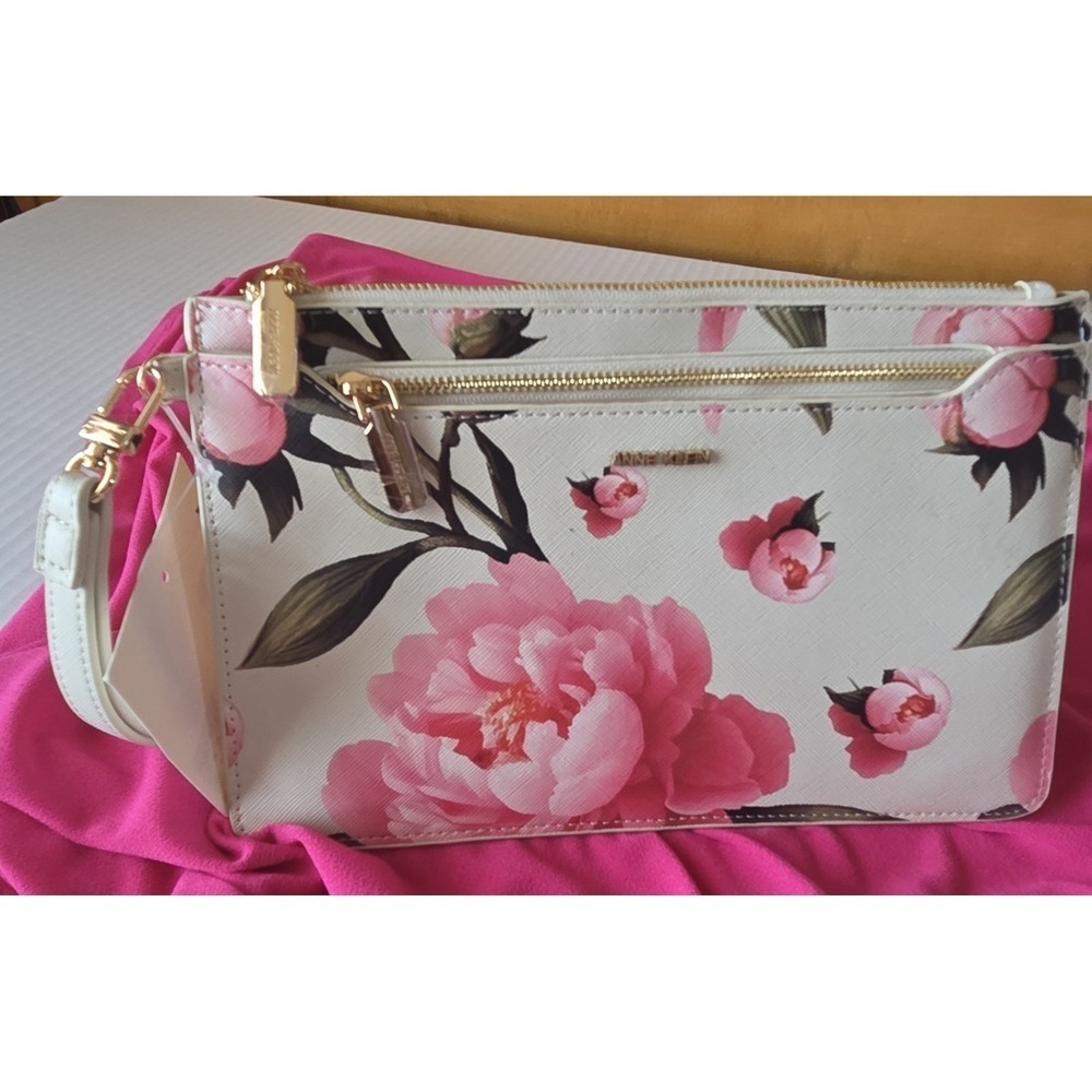 Anne Klein 2 Pc Cream and Pink Peony Clutch/Wristlet ~ NWT ~